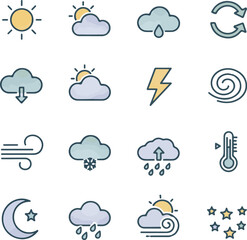 Obraz premium Modern line-art weather icons with subtle gradients.eps