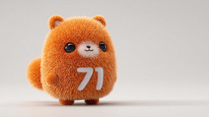 Cute fluffy animal with bright orange fur and large eyes, featuring number 71 on its body, exuding playful charm