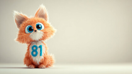 Fototapeta premium Cute orange animal with big blue eyes and fluffy fur, featuring number 81 on its chest, exuding playful charm