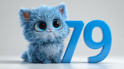Cute blue fluffy kitten with large eyes next to bright blue number 79, creating playful and cheerful atmosphere