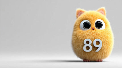 Cute fluffy animal with big eyes and number 89, evoking joy and playfulness in simple design