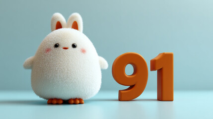 Cute fluffy animal with bunny ears and orange number 91, creating cheerful and playful atmosphere