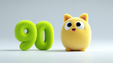 Cute yellow animal with fluffy texture and large eyes next to bright green number 90, evoking joy and playfulness