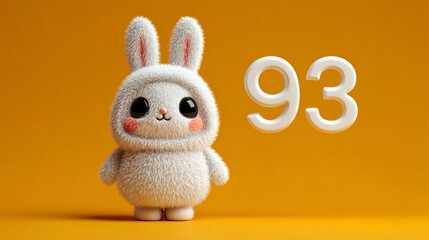 Cute fluffy rabbit character with big eyes and cheerful expression, standing beside number 93 against bright yellow background