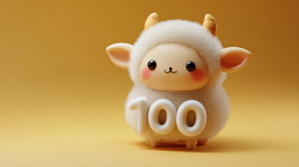 Cute animal figurine with fluffy texture, smiling expression, and decorative horns, showcasing number 100 against bright