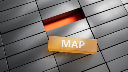 3D illustration of MAP in English, using a bold font. It conveys navigation and clarity.metal blocks.3D rendering.