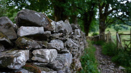 Rustic stone wall borders a grassy path in a lush green landscape
