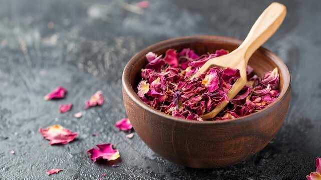 Wooden bowl with dried rose petals on dark surface