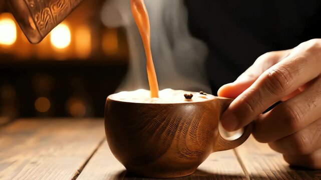 Pouring Masala Chai Tea from a Cezve (Pot) into a Wooden Cup, a Traditional and Rustic Closeup of a Hot Spiced Drink.