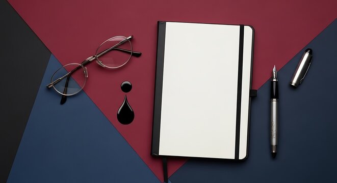 Notebook, Glasses, Fountain Pen and Ink Drop on Geometric Background