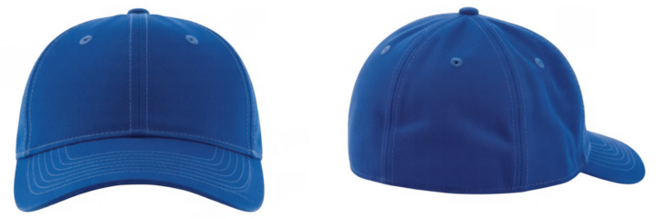Blue baseball cap front and side views isolated on a transparent background