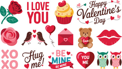 Set of Valentine's Day Icons including Roses, Cupcakes, Hearts, Love Birds, Envelope, Teddy Bear, Lips, and Typography