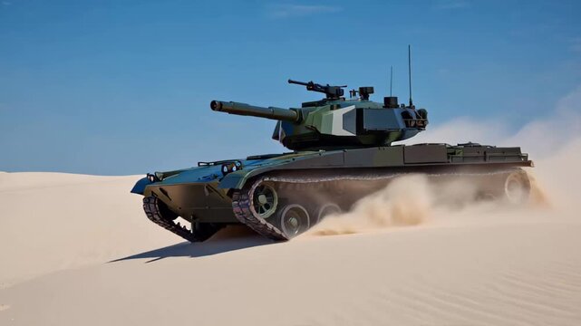 Military tank with camouflage pattern driving through sand with dust clouds desert