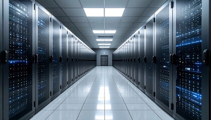 A long data center hallway filled with server racks and lighting