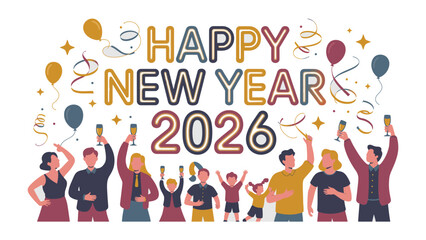 Festive Countdown to 2026: A vibrant ensemble joyfully welcomes the New Year, their spirits soaring with celebratory cheer amidst a flurry of balloons and confetti.