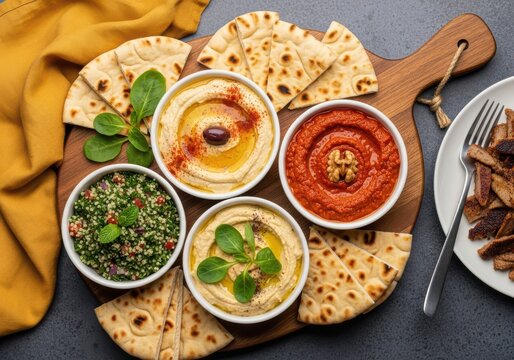 Delicious mediterranean mezze platter with hummus baba ghanoush and pita bread