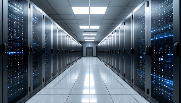 A long data center hallway filled with server racks and lighting