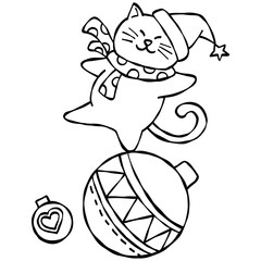 hristmas Festive cat wearing a scarf and hat with ornaments for Christmas.