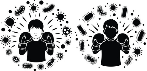 Young boy wearing boxing gloves fights off surrounding bacteria and virus microbes in a health illustration