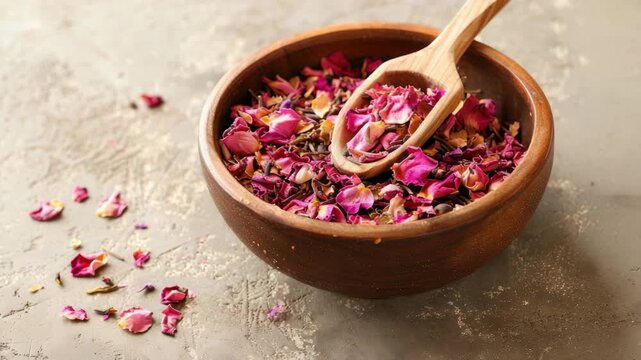 Dried rose petals in wooden bowl with scoop