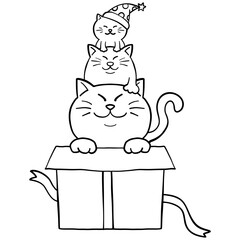 christmas Three cute cats stacked on a gift box with a ribbon.
