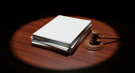 Stack of blank white papers and wooden gavel on a polished wooden surface