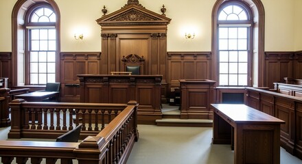 Interior of a traditional courtroom with wooden benches judge's bench and large arched windows