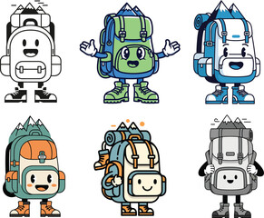 Happy backpack adventure mascot logo set with six minimalist character designs in clean flat vector style