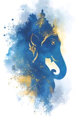 Vibrant abstract watercolor splash depicting lord ganesha in blue and gold hues