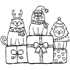 christmas Three festive cats with holiday gifts and decorations.