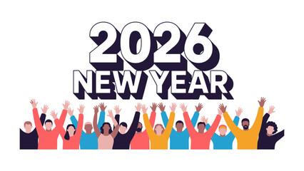 Year 2026: A vibrant ensemble of individuals welcomes the dawn of a New Year, their upraised arms a testament to the collective anticipation of the year 2026. 