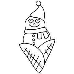 christmas Snowman with ice cream cones, wearing a festive hat and scarf.