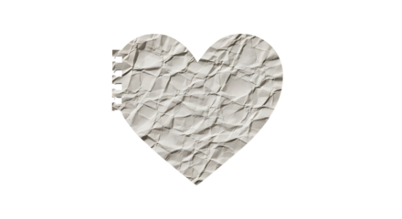 Distressed crumpled white paper heart shape with spiral notebook binding, perfect for romantic designs and love notes, isolated on transparent background.