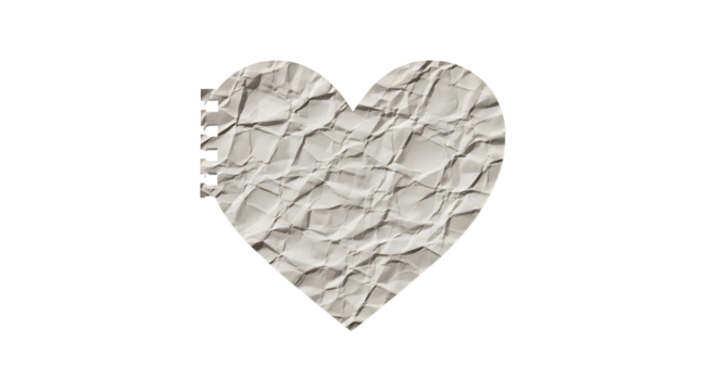 Distressed crumpled white paper heart shape with spiral notebook binding, perfect for romantic designs and love notes, isolated on transparent background.
