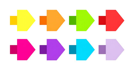 Set of vibrant colorful right pointing arrows for web design, user interface, infographic elements, and progress indicators isolated on transparent background