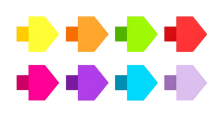 Set of vibrant colorful right pointing arrows for web design, user interface, infographic elements, and progress indicators isolated on transparent background