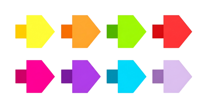 Set of vibrant colorful right pointing arrows for web design, user interface, infographic elements, and progress indicators isolated on transparent background - Powered by Adobe