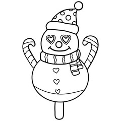 christmas cartoon snowman character with a festive hat and candy cane arms.