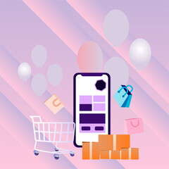 Online Shopping Illustration with Cart, Boxes, and Smartphone App