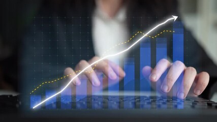 A businesswoman engaging in data analysis, typing on a laptop with an engaging graph overlay, symbolizing growth and modern technology in a professional office setting. Copula - Powered by Adobe