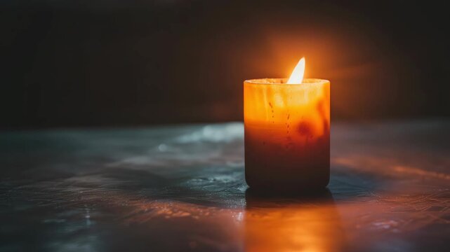 Lit candle in dark room emitting warm, ambient light