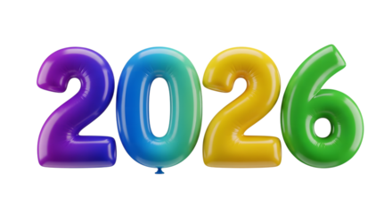 Colorful 2026 number balloons isolated on transparent background