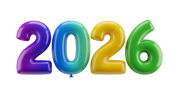 Colorful 2026 number balloons isolated on transparent background