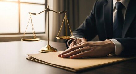 A person in a suit places their hand on a folder next to scales of justice