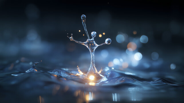 submicroscopic. A single, complex, glowing molecule emerges from a dark, primordial aqueous solution, symbolizing the spark of life. STEM education sheets.