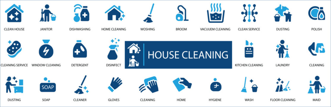 House Cleaning Icon Set. Features icons of concierge, maid, signs and silhouette. Perfect for cleaning service apps and hygiene infographics.
