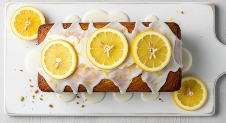 Deliciously frosted lemon loaf cake topped with fresh lemon slices on a white cutting board