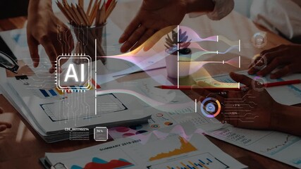 A dynamic collaboration scene showcasing professionals analyzing data and utilizing artificial intelligence visuals in a modern office, highlighting teamwork and innovative solutions. Raster - Powered by Adobe