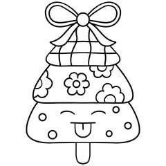 christmas Cute cartoon tree with flowers and a bow, smiling happily.