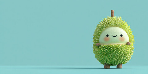 Cute fruit character made from spiky green fruit, smiling and cheerful against light blue background, evokes joy